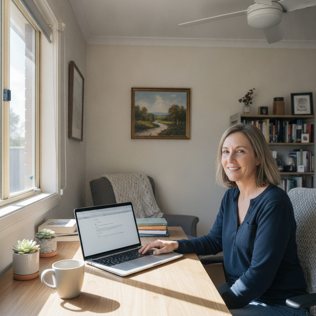 Professional computer clean-out in Maxwell (2650) — a happy New South Wales resident at home with a spotless, fast, quiet machine