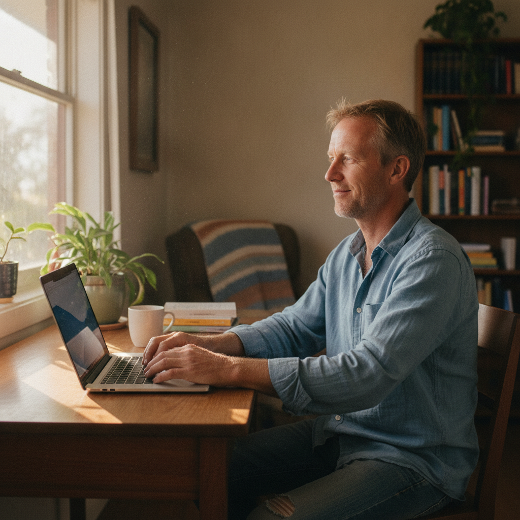 Professional computer clean-out in Merah North (2388) — a happy New South Wales resident at home with a spotless, fast, quiet machine