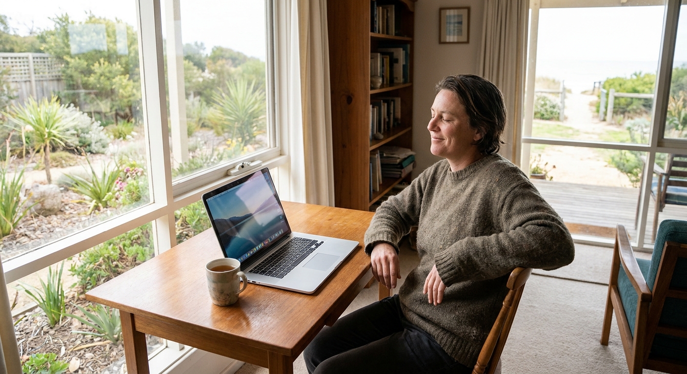 Professional computer clean-out in Merricks Beach (3926) — a happy Victoria resident at home with a spotless, fast, quiet machine
