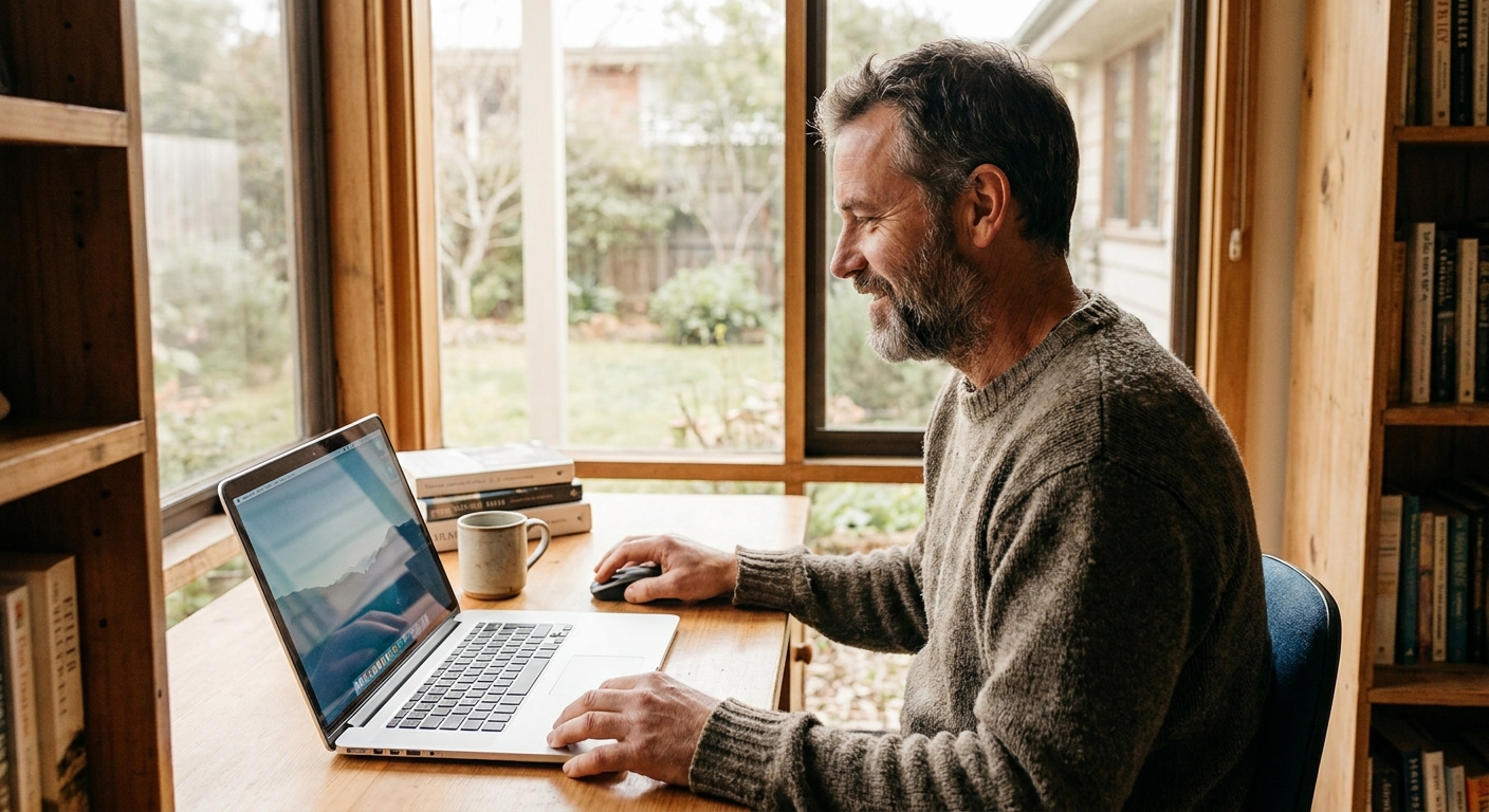 Professional computer clean-out in Merricks North (3926) — a happy Victoria resident at home with a spotless, fast, quiet machine
