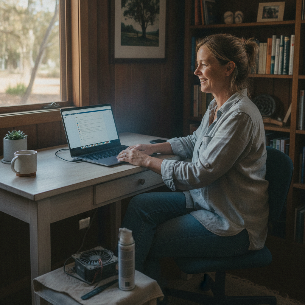 Computer cleaning in Merrigal (2827) — a local resident at home with a clean, fast, dust-free computer running cool and quiet
