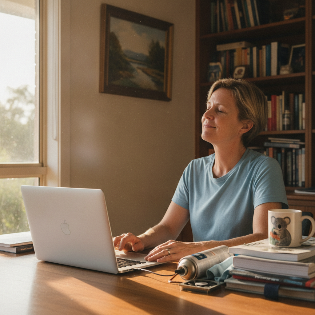 Professional computer clean-out in Middle Arm (2580) — a happy New South Wales resident at home with a spotless, fast, quiet machine