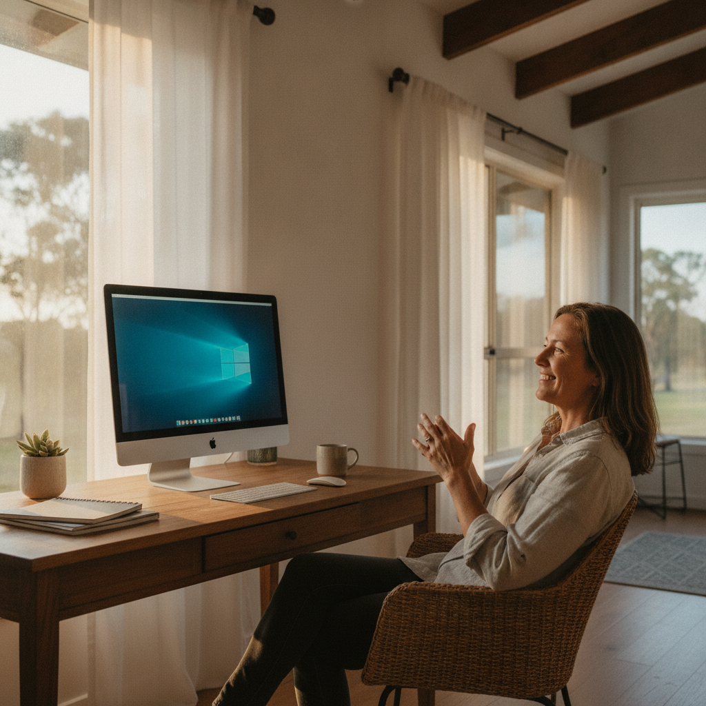 Professional computer clean-out in Mindaribba (2320) — a happy New South Wales resident at home with a spotless, fast, quiet machine