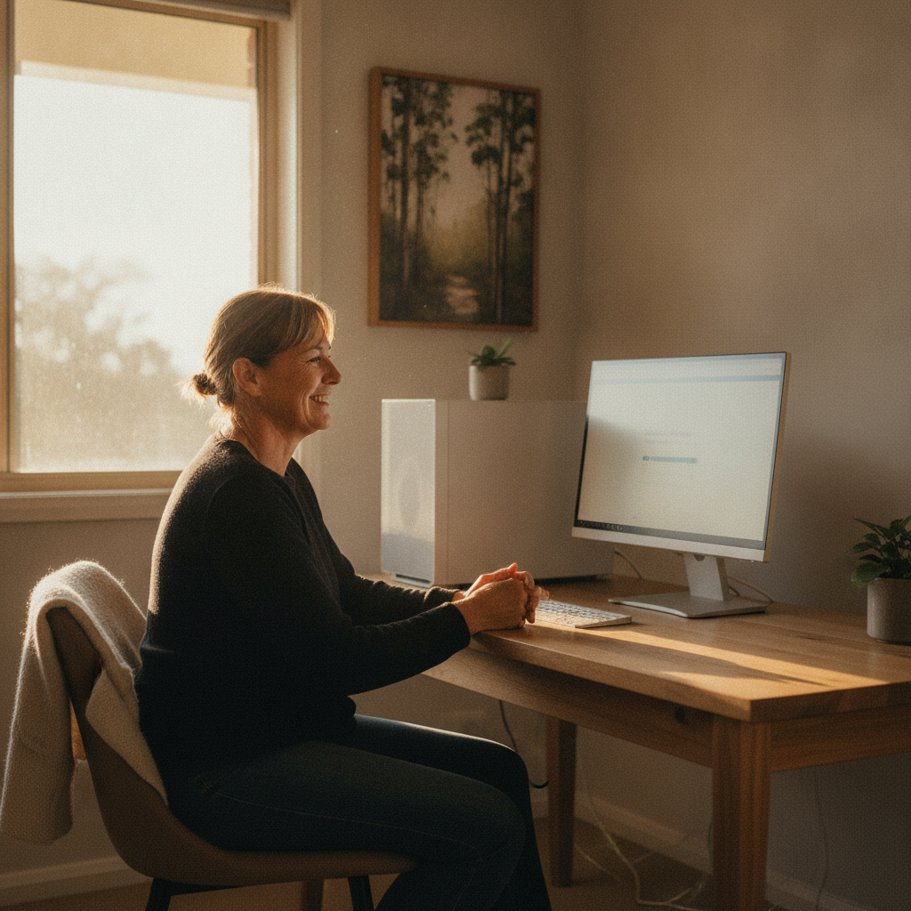 Professional computer clean-out in Minjary (2720) — a happy New South Wales resident at home with a spotless, fast, quiet machine