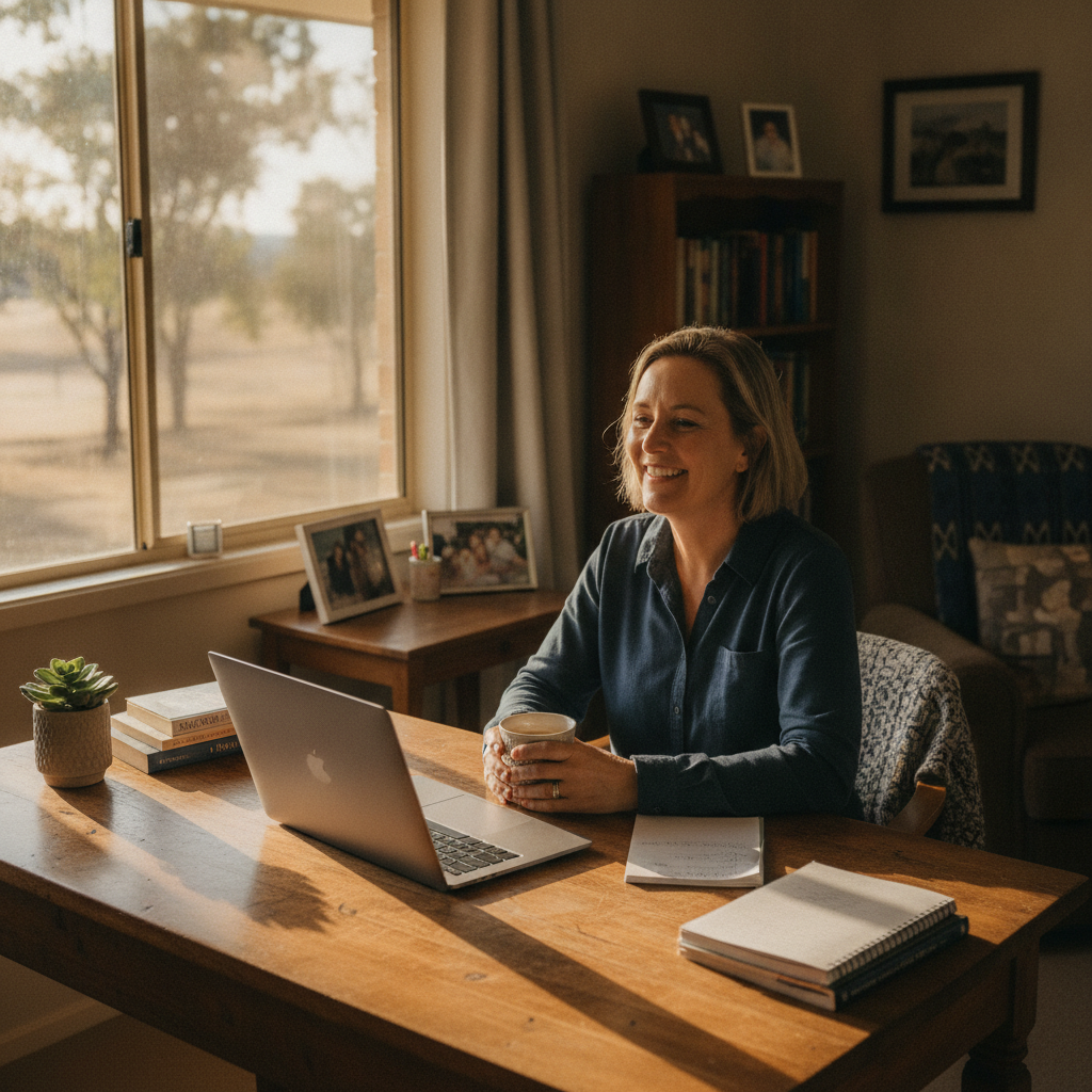 Professional computer clean-out in Mirannie (2330) — a happy New South Wales resident at home with a spotless, fast, quiet machine