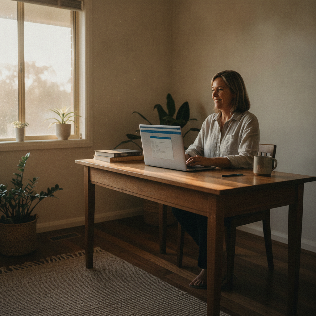 Professional computer clean-out in Mitchells Flat (2330) — a happy New South Wales resident at home with a spotless, fast, quiet machine