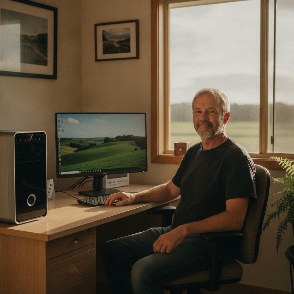 Professional computer clean-out in Mitchells Island (2430) — a happy New South Wales resident at home with a spotless, fast, quiet machine