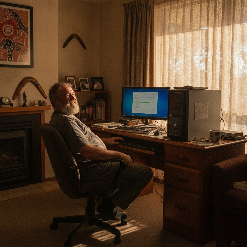 Professional computer clean-out in Moama (2731) — a happy New South Wales resident at home with a spotless, fast, quiet machine