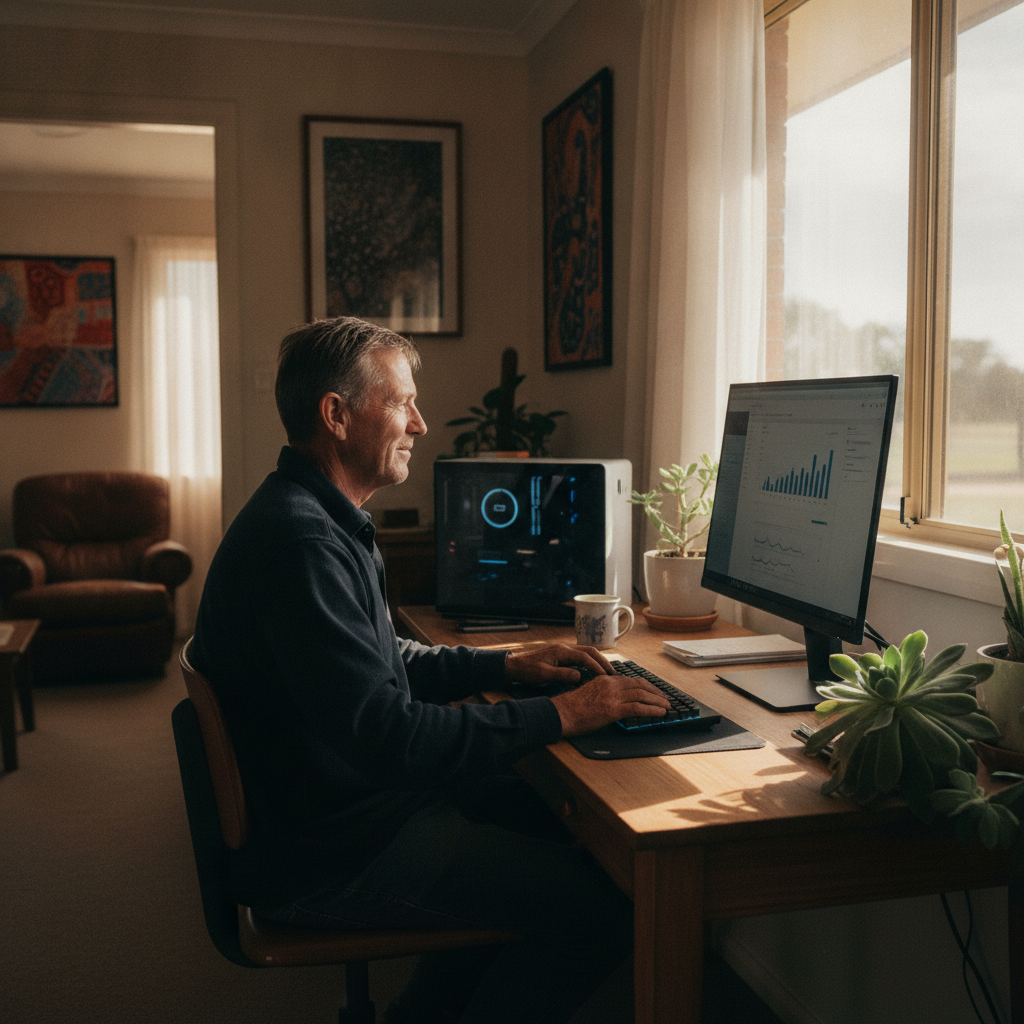 Professional computer clean-out in Mogriguy (2830) — a happy New South Wales resident at home with a spotless, fast, quiet machine