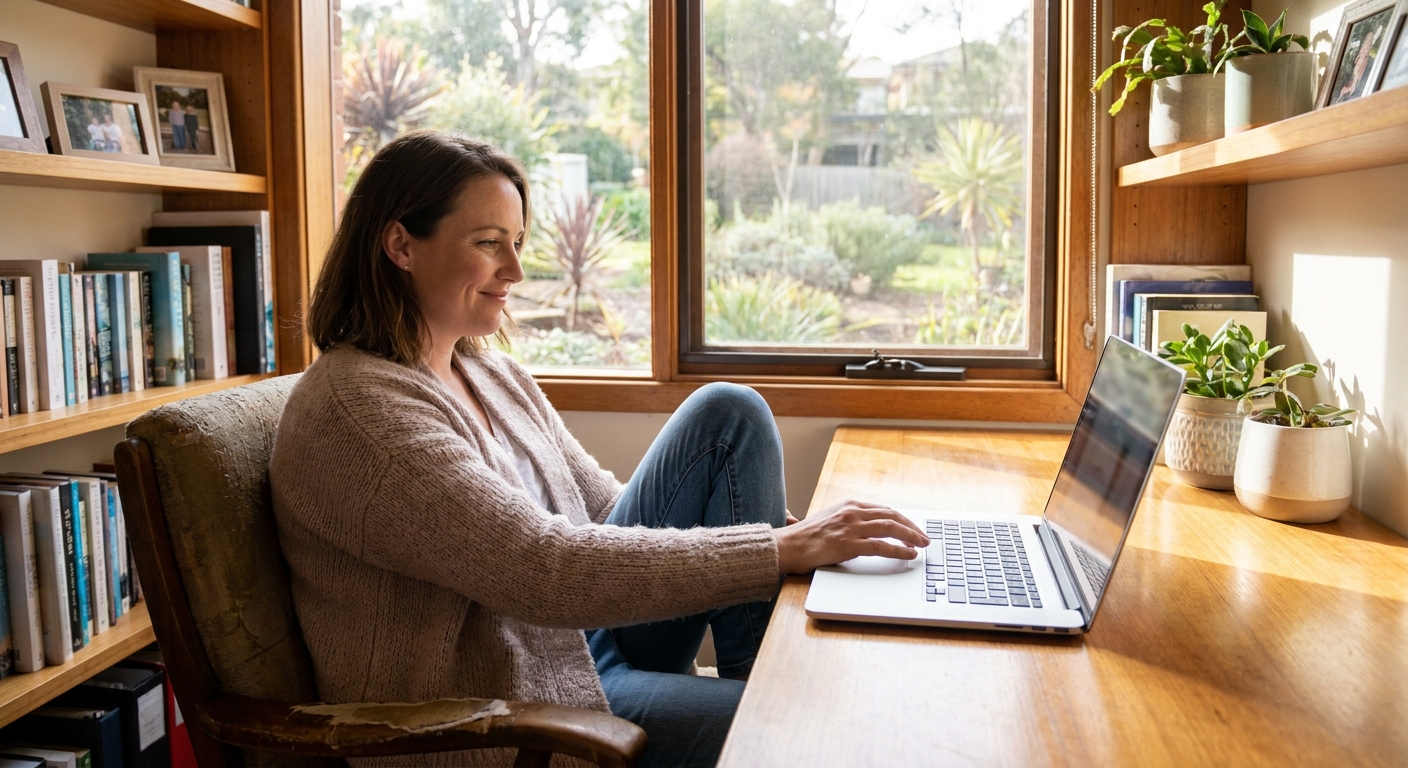 Professional computer clean-out in Montrose (3765) — a happy Victoria resident at home with a spotless, fast, quiet machine