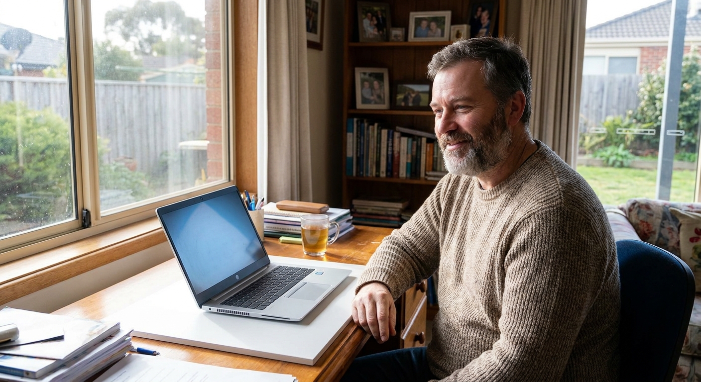 Professional computer clean-out in Moolap (3221) — a happy Victoria resident at home with a spotless, fast, quiet machine
