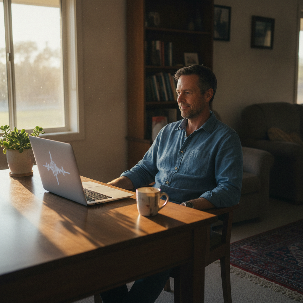 Professional computer clean-out in Moona Plains (2354) — a happy New South Wales resident at home with a spotless, fast, quiet machine