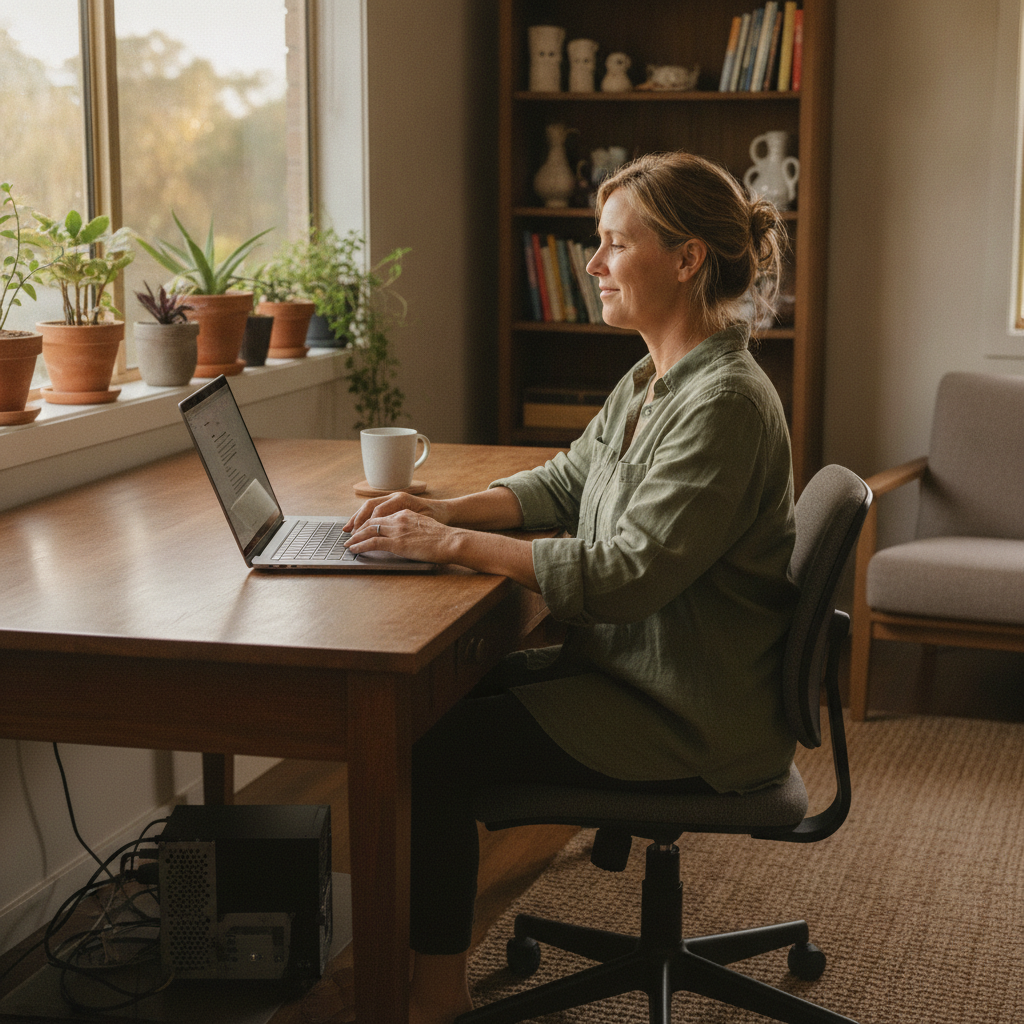 Professional computer clean-out in Moonbria (2710) — a happy New South Wales resident at home with a spotless, fast, quiet machine