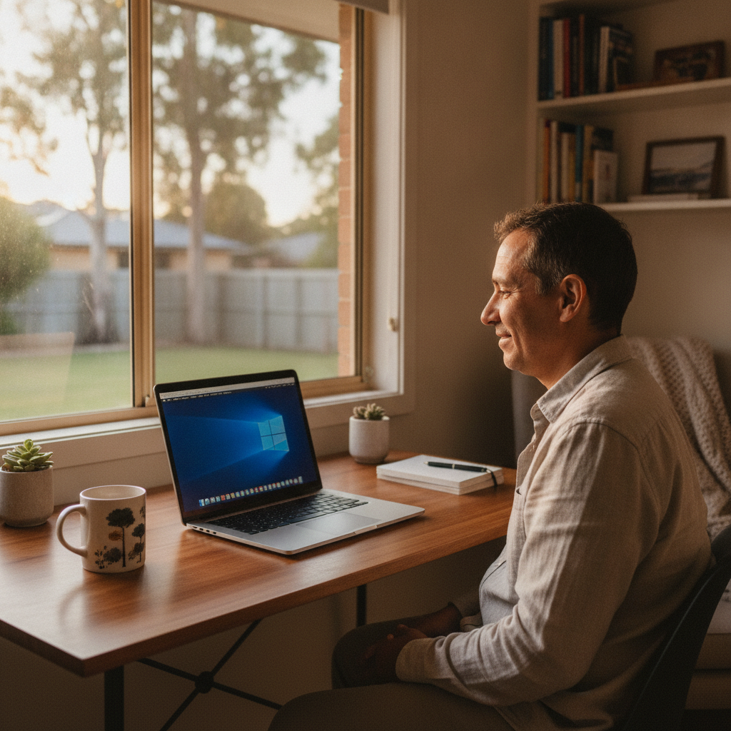 Professional computer clean-out in Moorina (4506) — a happy Queensland resident at home with a spotless, fast, quiet machine