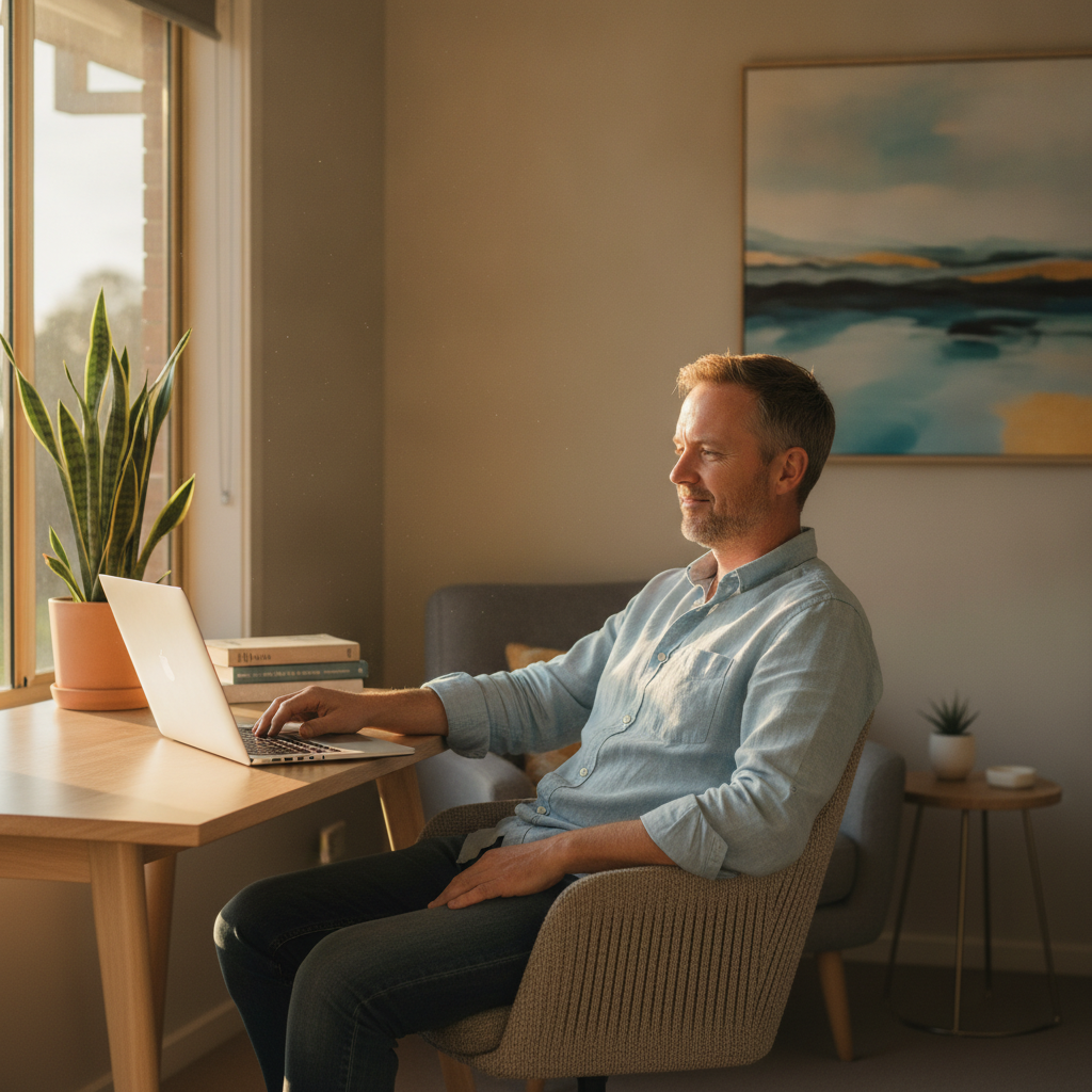 Professional computer clean-out in Moparrabah (2440) — a happy New South Wales resident at home with a spotless, fast, quiet machine