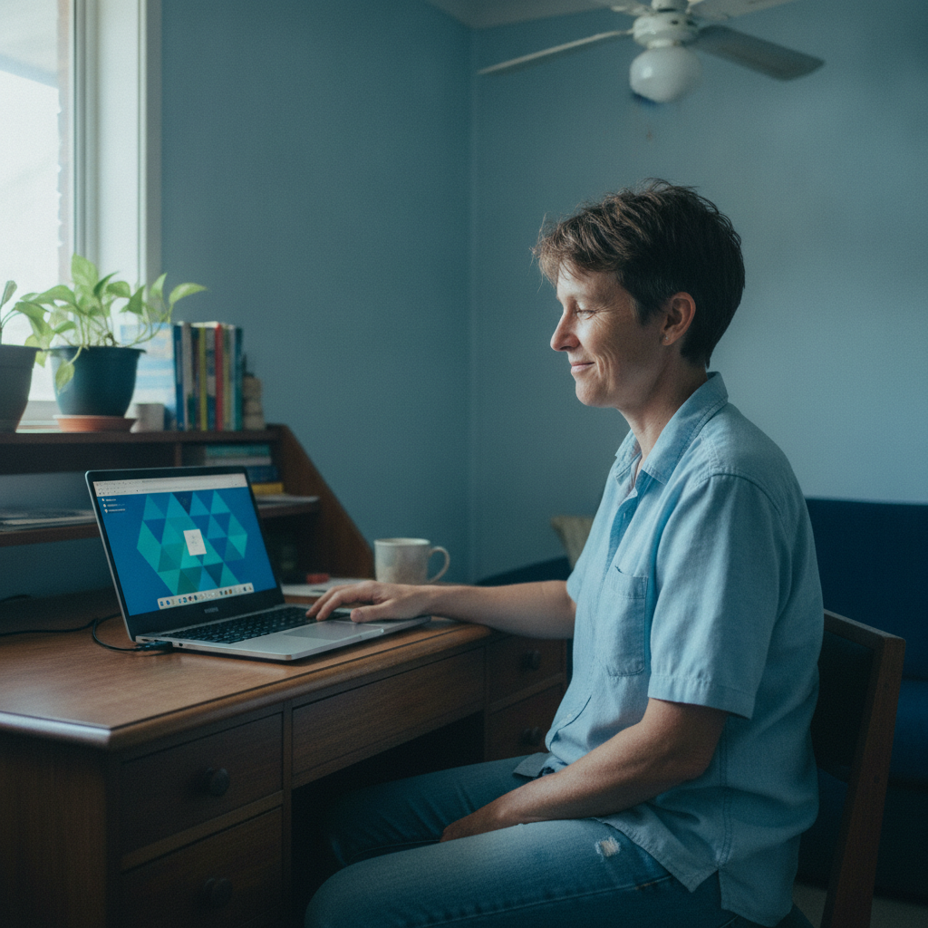 Professional computer clean-out in Moppy (2422) — a happy New South Wales resident at home with a spotless, fast, quiet machine