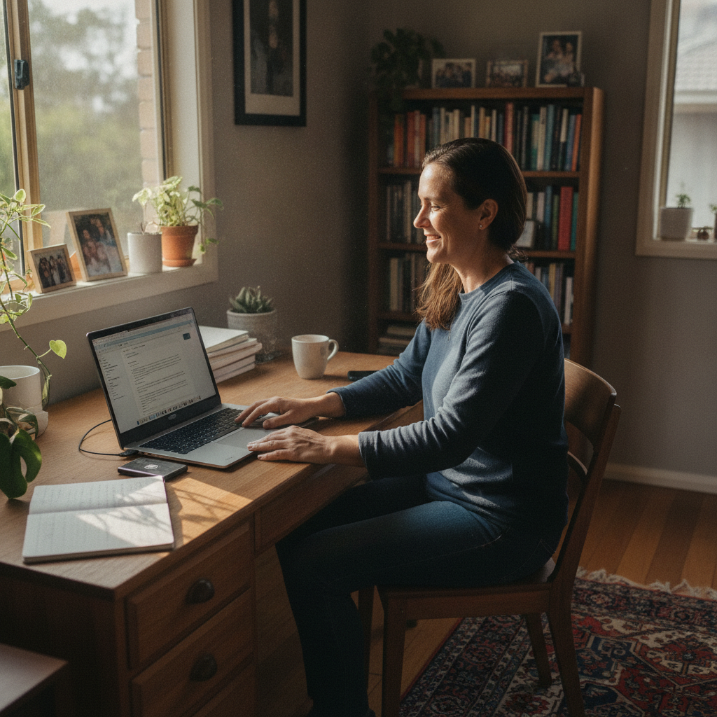 Professional computer clean-out in Morningside (4170) — a happy Queensland resident at home with a spotless, fast, quiet machine
