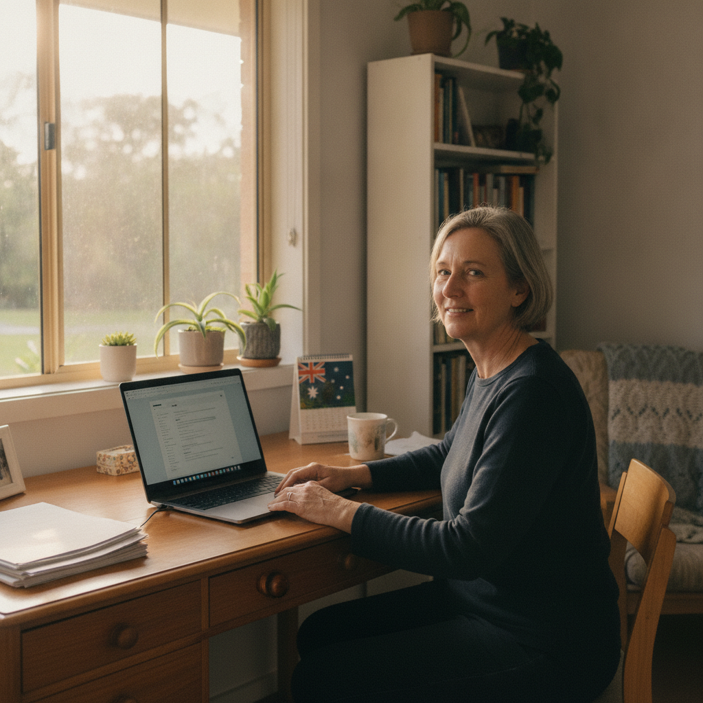 Professional computer clean-out in Mortons Creek (2446) — a happy New South Wales resident at home with a spotless, fast, quiet machine