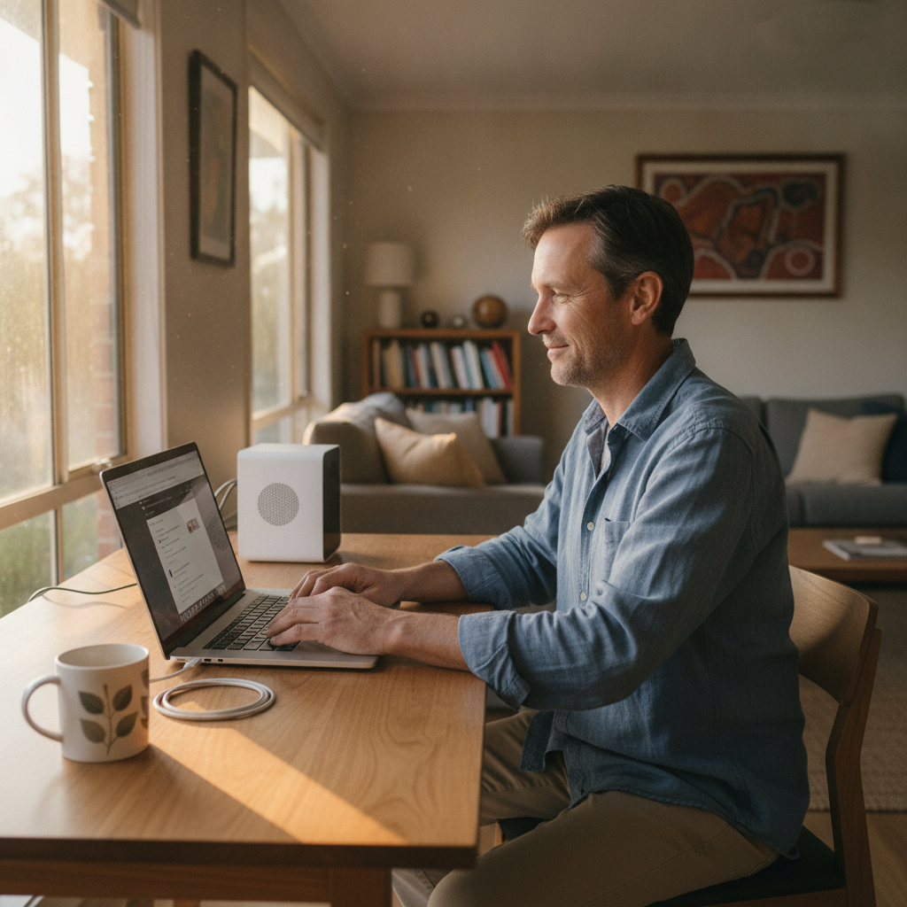Professional computer clean-out in Moruben (2325) — a happy New South Wales resident at home with a spotless, fast, quiet machine