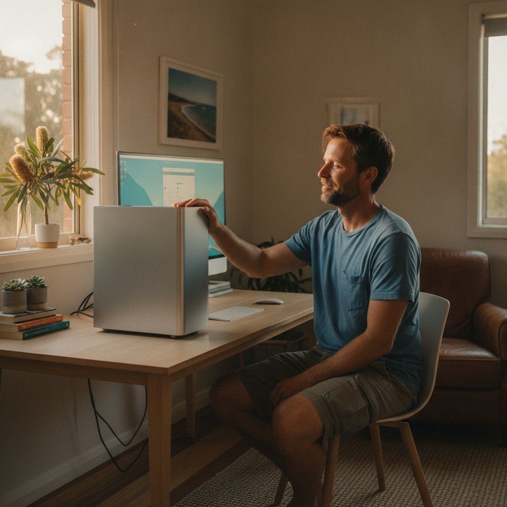 Professional computer clean-out in Mossy Point (2537) — a happy New South Wales resident at home with a spotless, fast, quiet machine