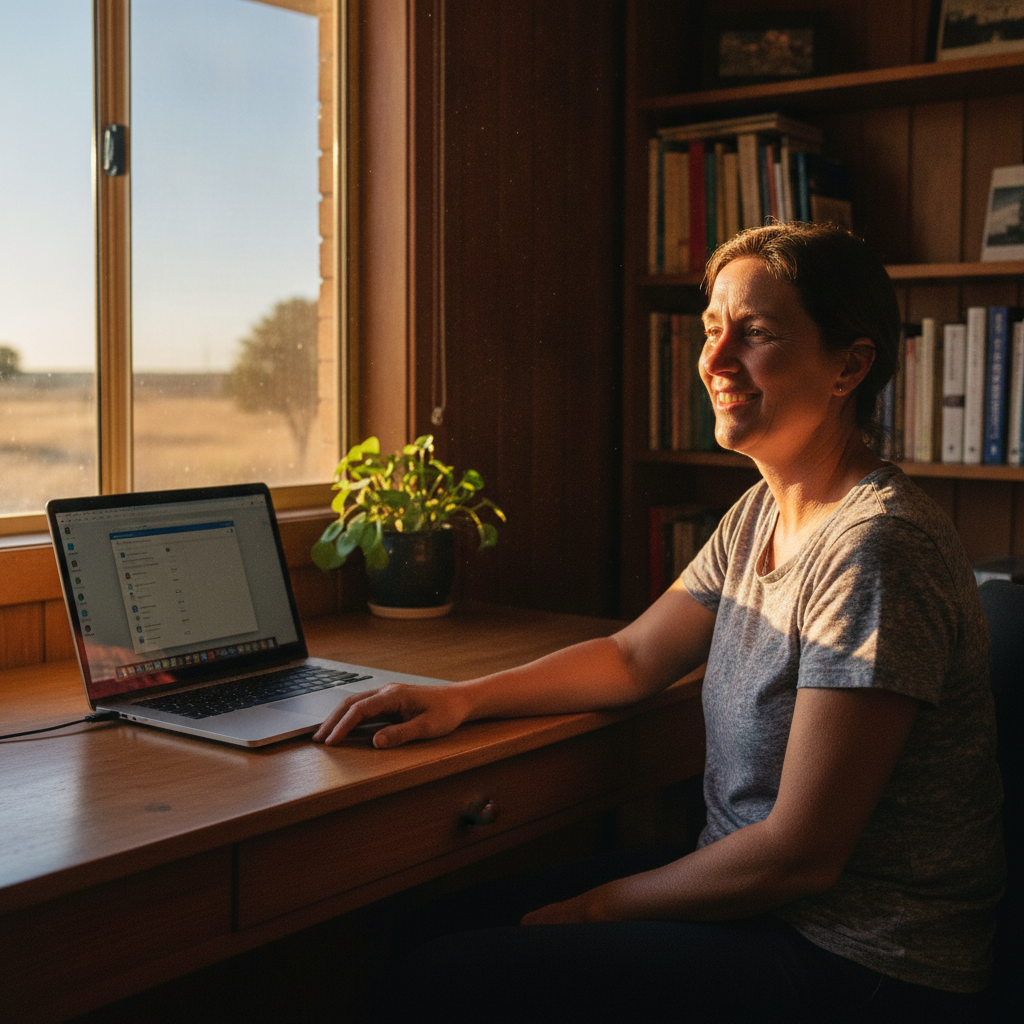 Professional computer clean-out in Mount Hope (2877) — a happy New South Wales resident at home with a spotless, fast, quiet machine