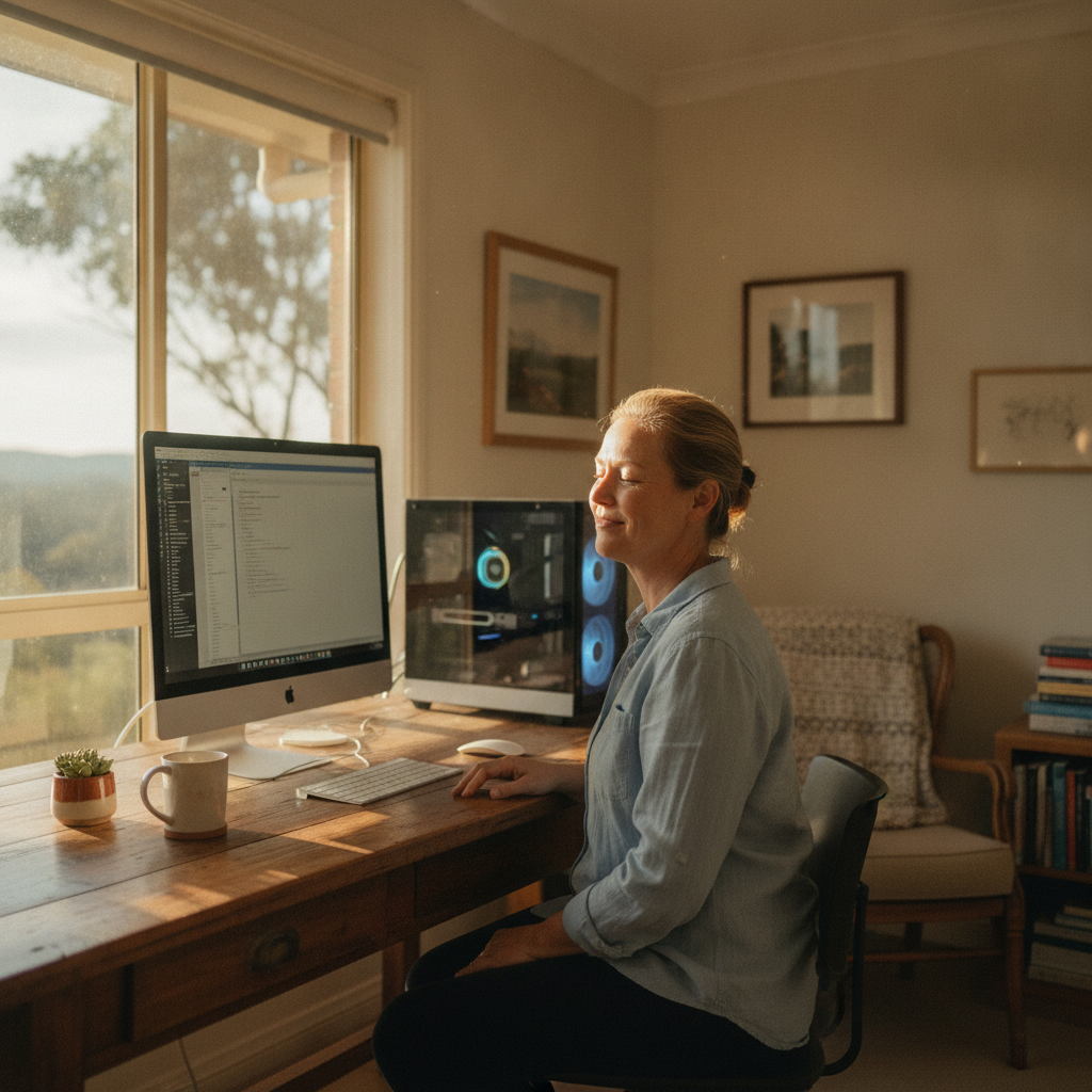 Professional computer clean-out in Mount Marsden (2849) — a happy New South Wales resident at home with a spotless, fast, quiet machine
