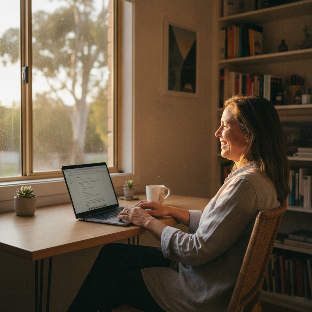Professional computer clean-out in Mount Melville (6330) — a happy Western Australia resident at home with a spotless, fast, quiet machine