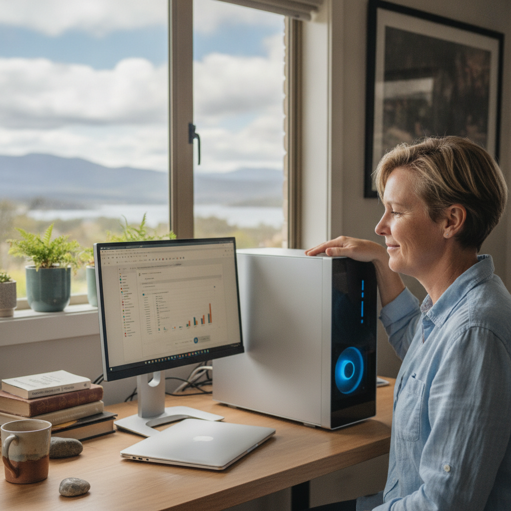 Professional computer clean-out in Mount Nelson (7007) — a happy Tasmania resident at home with a spotless, fast, quiet machine