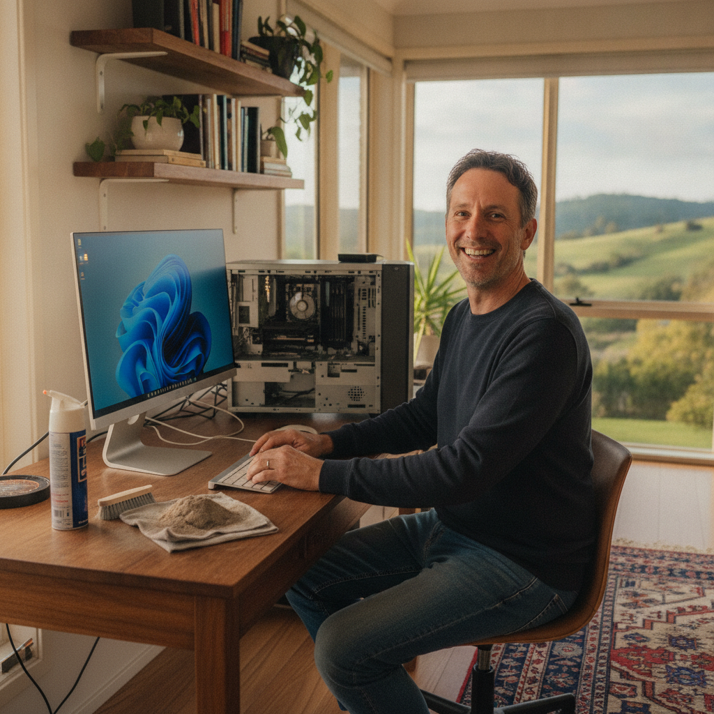 Computer cleaning in Mount Osmond (5064) — a local resident at home with a clean, fast, dust-free computer running cool and quiet