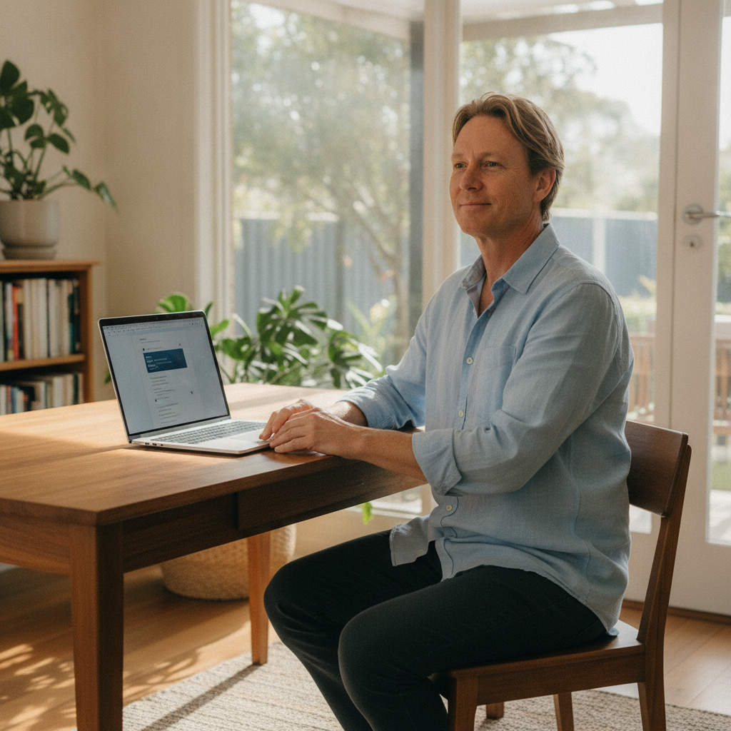 Professional computer clean-out in Mount Pleasant (6153) — a happy Western Australia resident at home with a spotless, fast, quiet machine