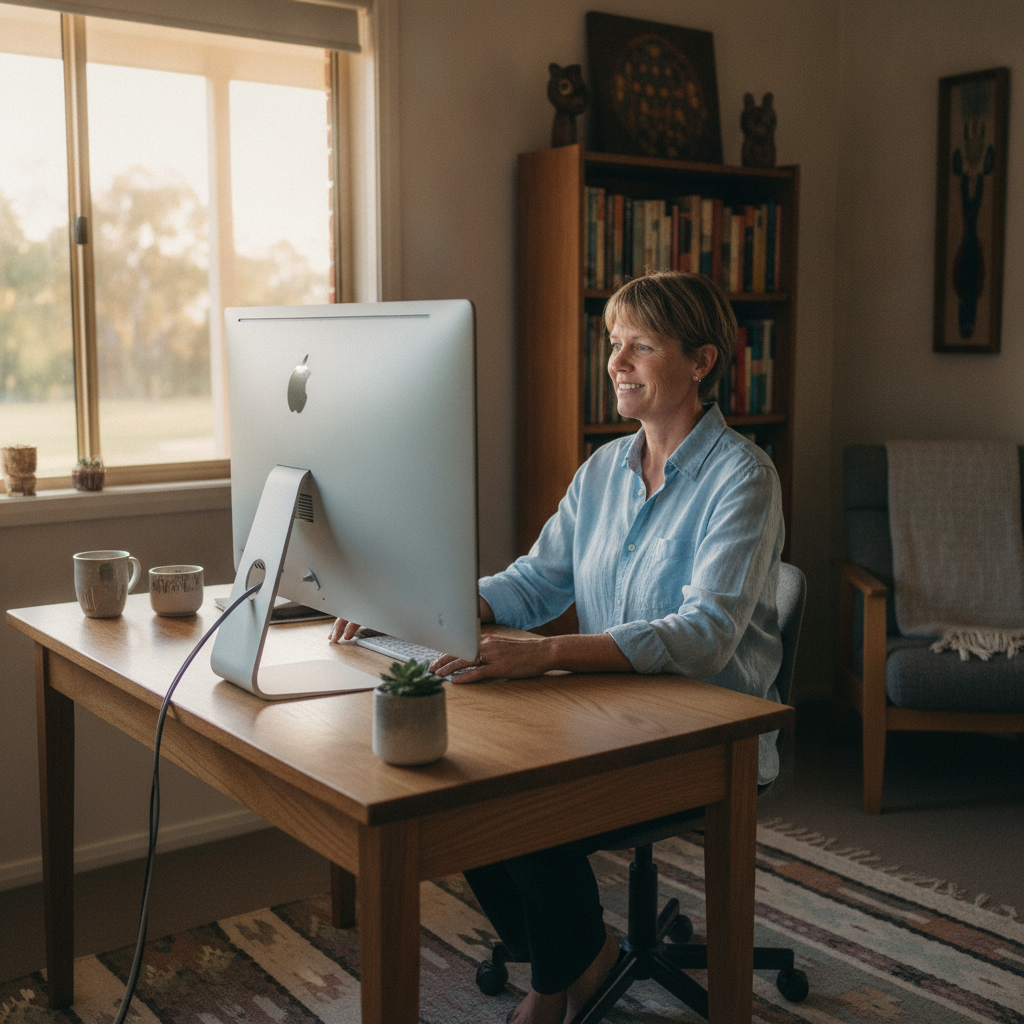 Professional computer clean-out in Mullion Creek (2800) — a happy New South Wales resident at home with a spotless, fast, quiet machine
