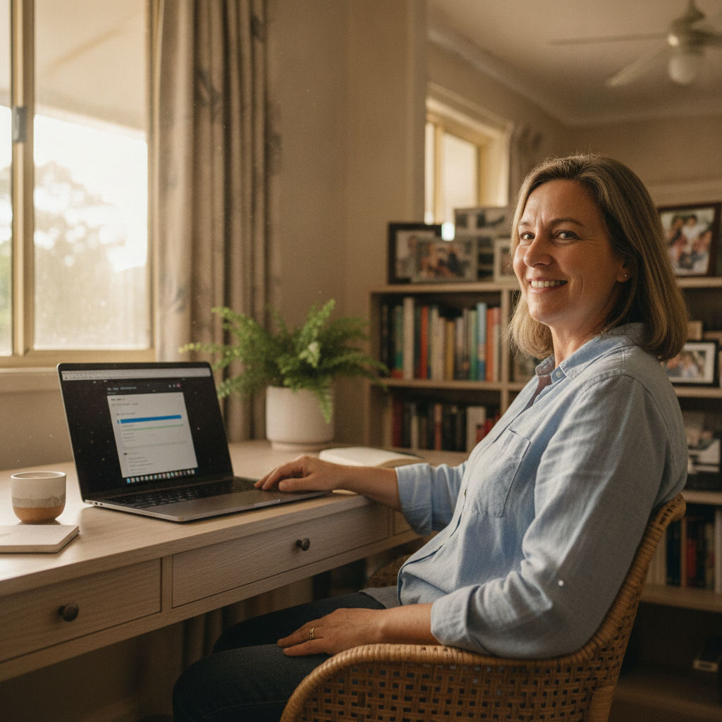 Professional computer clean-out in Munruben (4125) — a happy Queensland resident at home with a spotless, fast, quiet machine