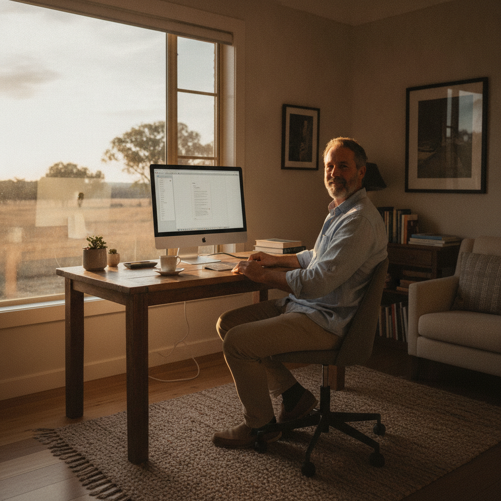 Professional computer clean-out in Myall Creek (2403) — a happy New South Wales resident at home with a spotless, fast, quiet machine