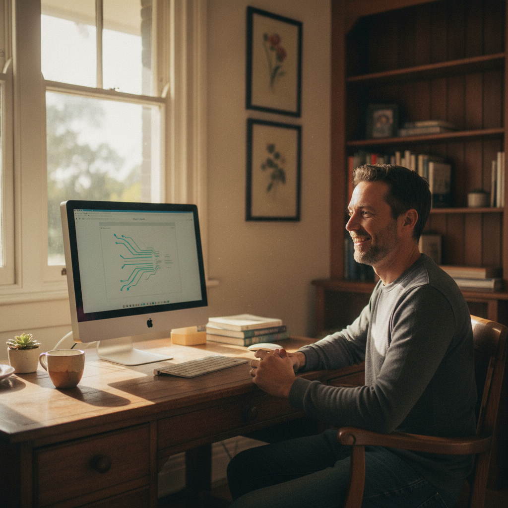 Professional computer clean-out in Myall Park (2681) — a happy New South Wales resident at home with a spotless, fast, quiet machine