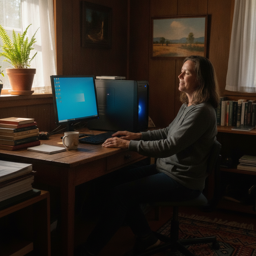 Professional computer clean-out in Myalla (2630) — a happy New South Wales resident at home with a spotless, fast, quiet machine