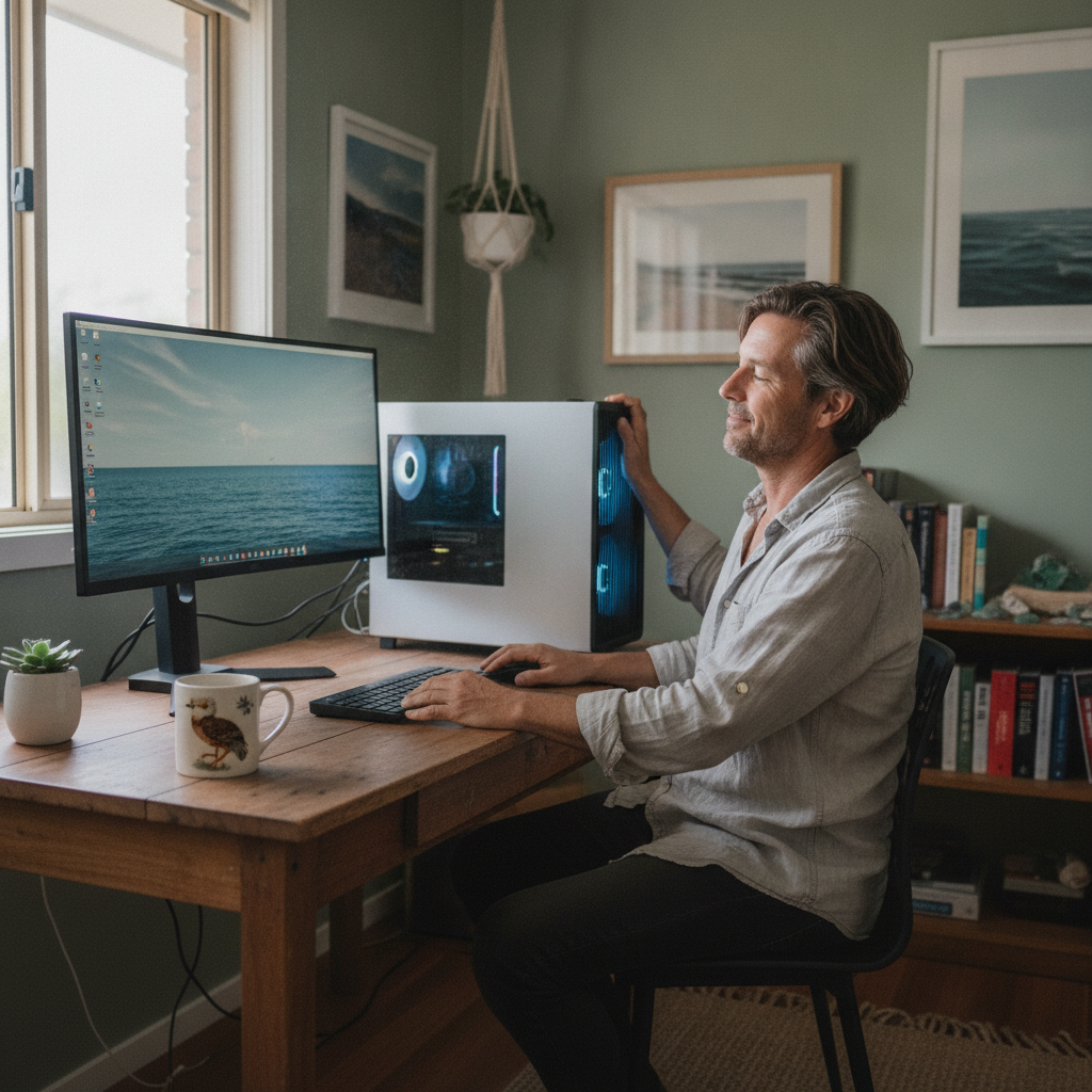 Professional computer clean-out in Nambucca Heads (2448) — a happy New South Wales resident at home with a spotless, fast, quiet machine