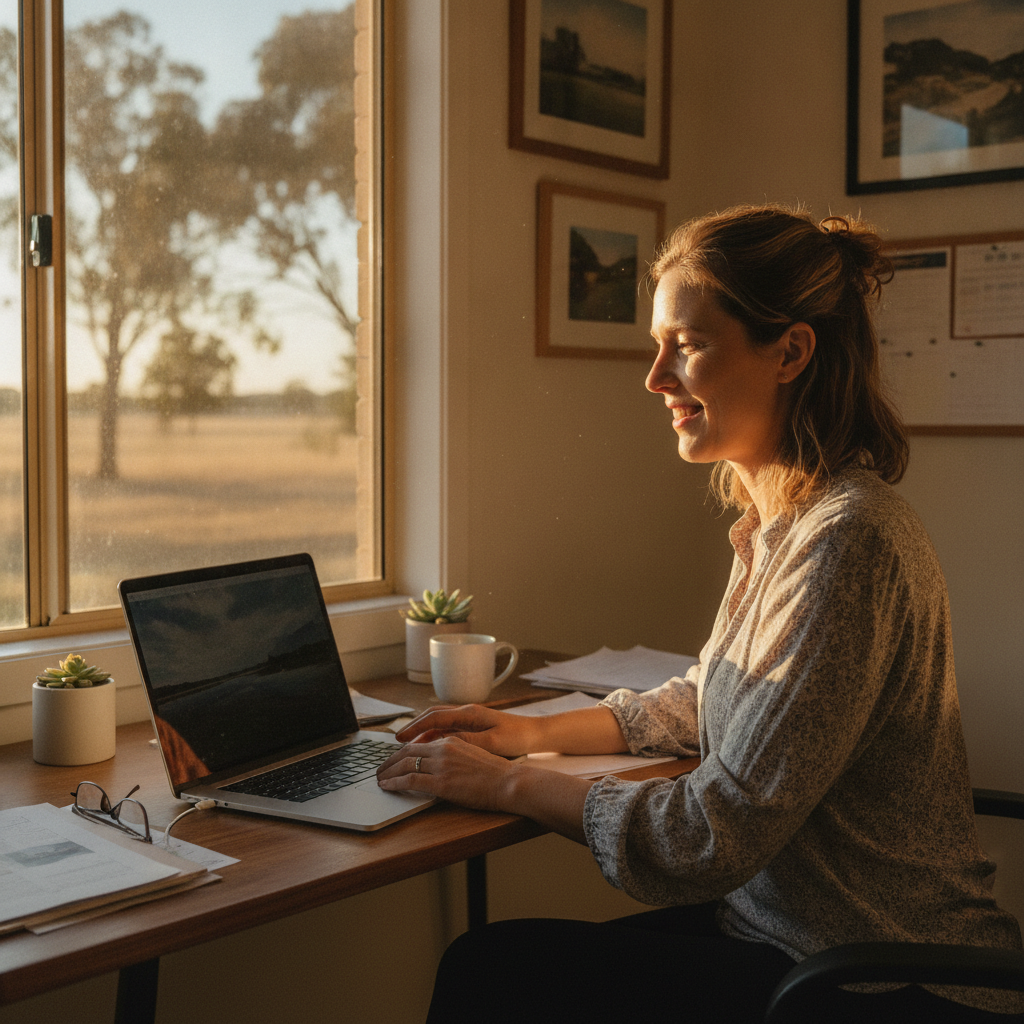 Professional computer clean-out in Namoi River (2346) — a happy New South Wales resident at home with a spotless, fast, quiet machine