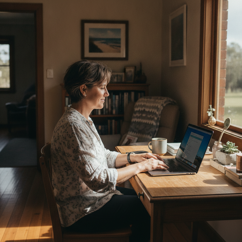Professional computer clean-out in Nanardine (2870) — a happy New South Wales resident at home with a spotless, fast, quiet machine
