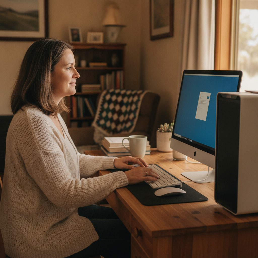 Professional computer clean-out in Napoleon Reef (2795) — a happy New South Wales resident at home with a spotless, fast, quiet machine