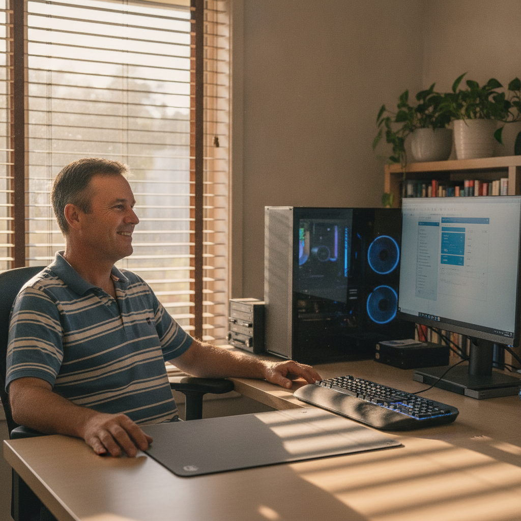 Professional computer clean-out in Narellan Vale (2567) — a happy New South Wales resident at home with a spotless, fast, quiet machine