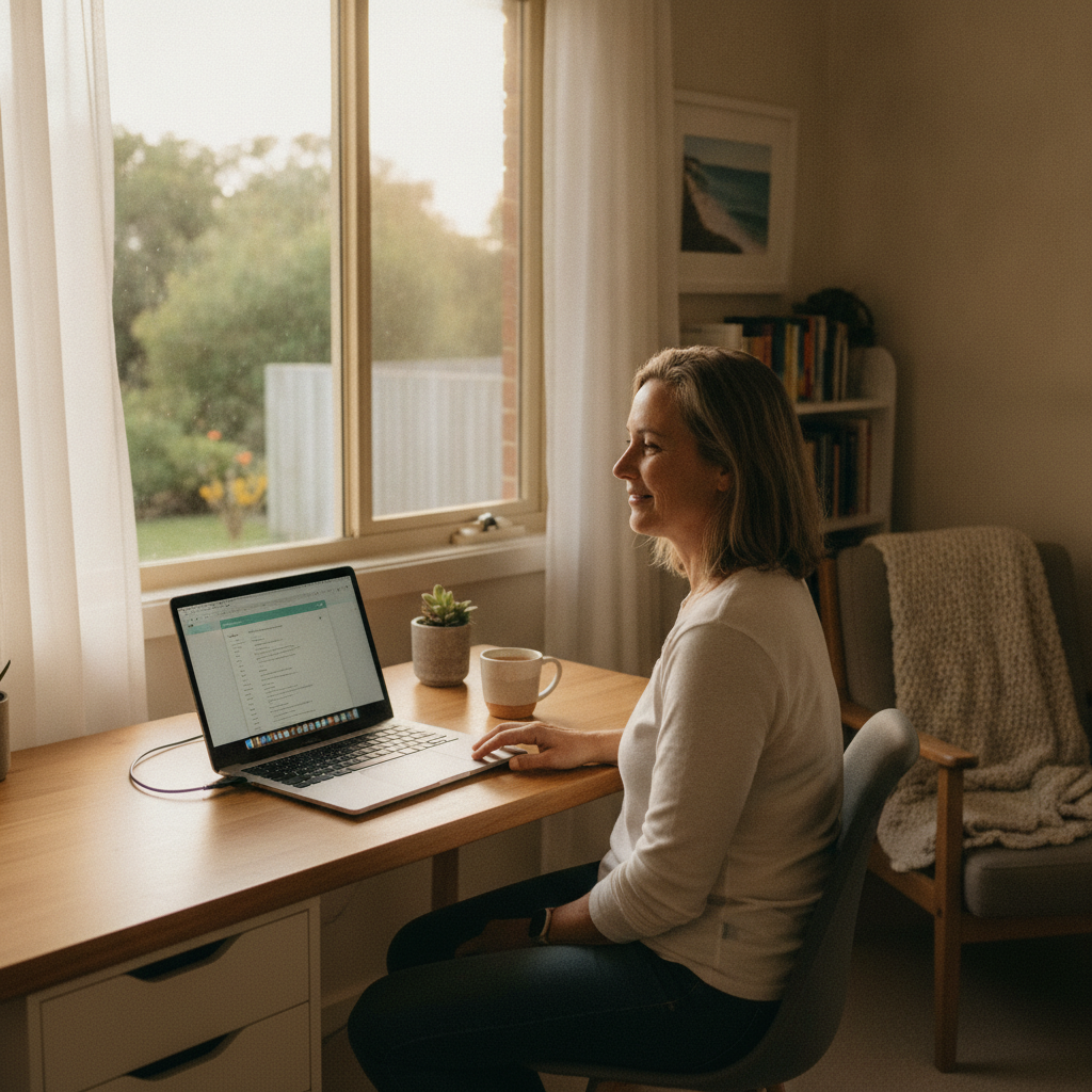 Professional computer clean-out in Narrabeen (2101) — a happy New South Wales resident at home with a spotless, fast, quiet machine