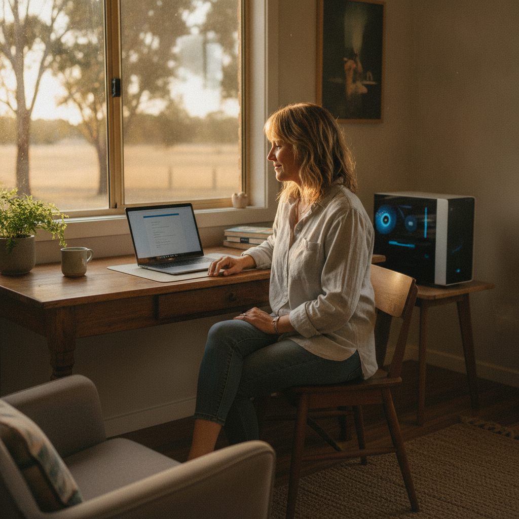Professional computer clean-out in Narrangullen (2582) — a happy New South Wales resident at home with a spotless, fast, quiet machine