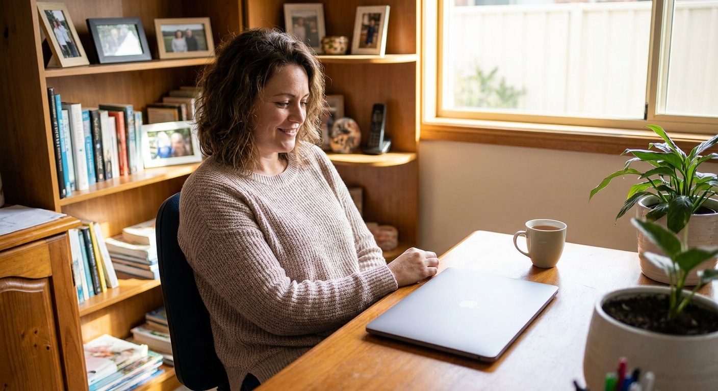 Professional computer clean-out in Narre Warren North (3804) — a happy Victoria resident at home with a spotless, fast, quiet machine