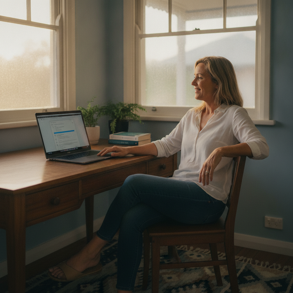 Professional computer clean-out in Nathan (4111) — a happy Queensland resident at home with a spotless, fast, quiet machine