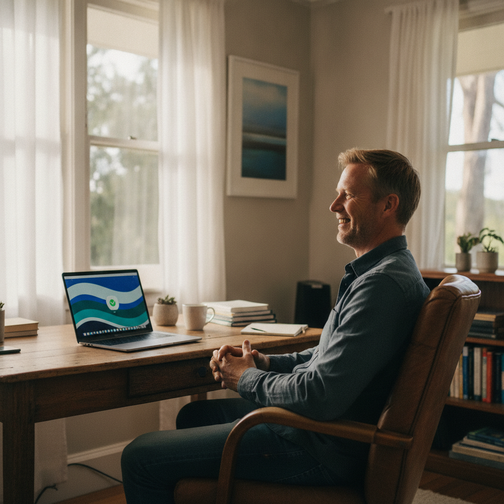 Professional computer clean-out in Nelson (2550) — a happy New South Wales resident at home with a spotless, fast, quiet machine
