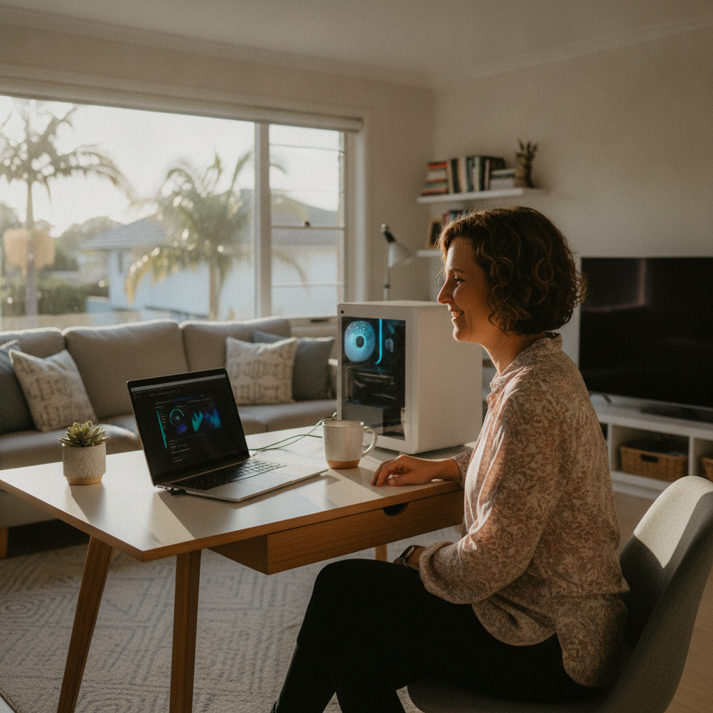Professional computer clean-out in Neutral Bay Junction (2089) — a happy New South Wales resident at home with a spotless, fast, quiet machine