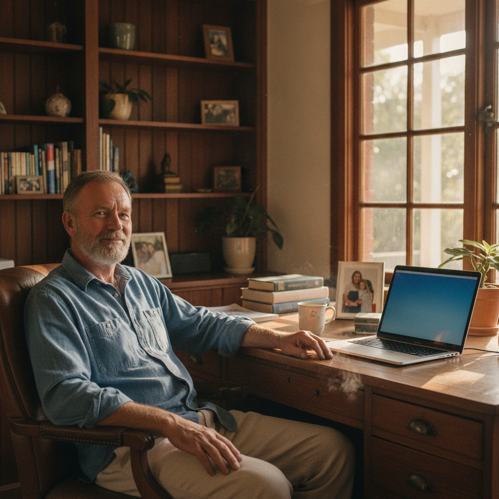 Professional computer clean-out in Never Never (2453) — a happy New South Wales resident at home with a spotless, fast, quiet machine