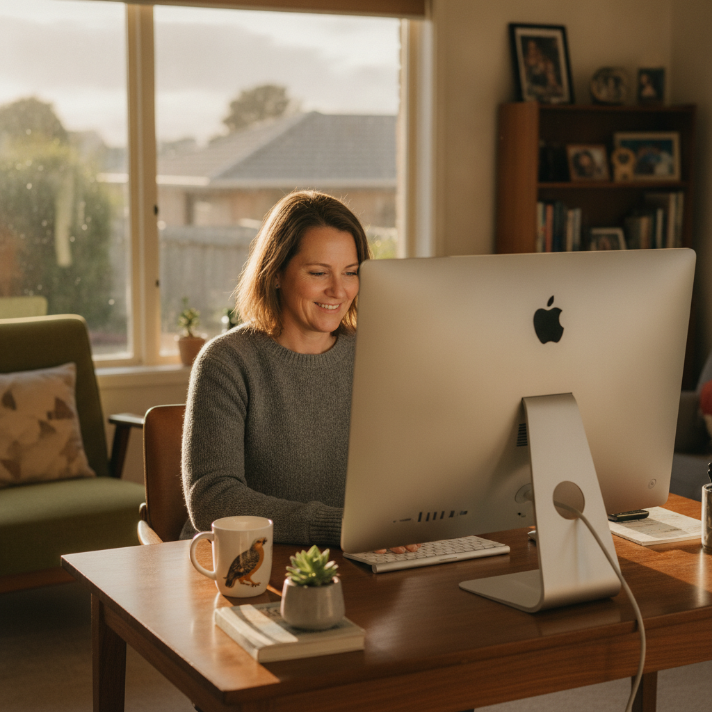 Professional computer clean-out in New Town (7008) — a happy Tasmania resident at home with a spotless, fast, quiet machine