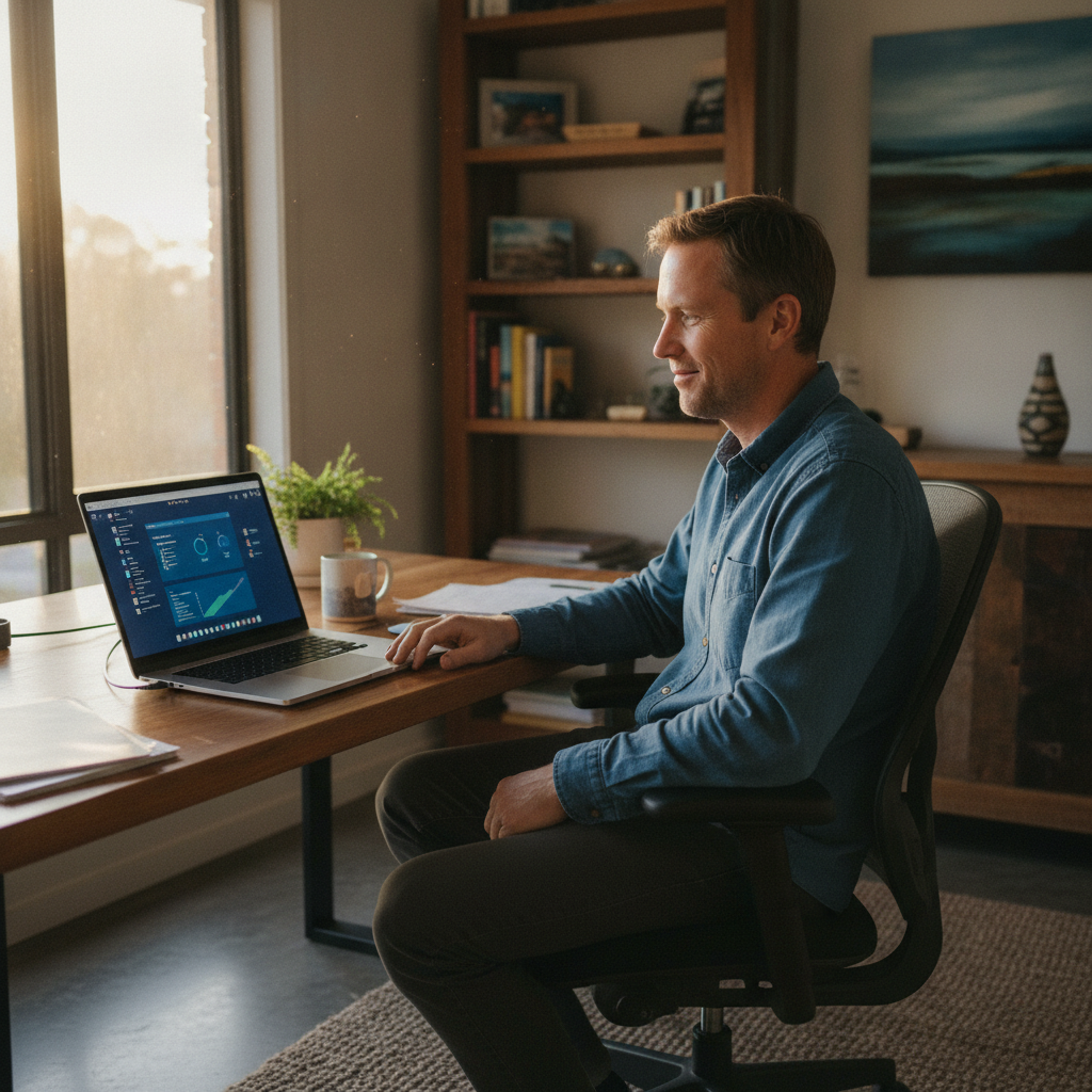 Professional computer clean-out in New Valley (2365) — a happy New South Wales resident at home with a spotless, fast, quiet machine