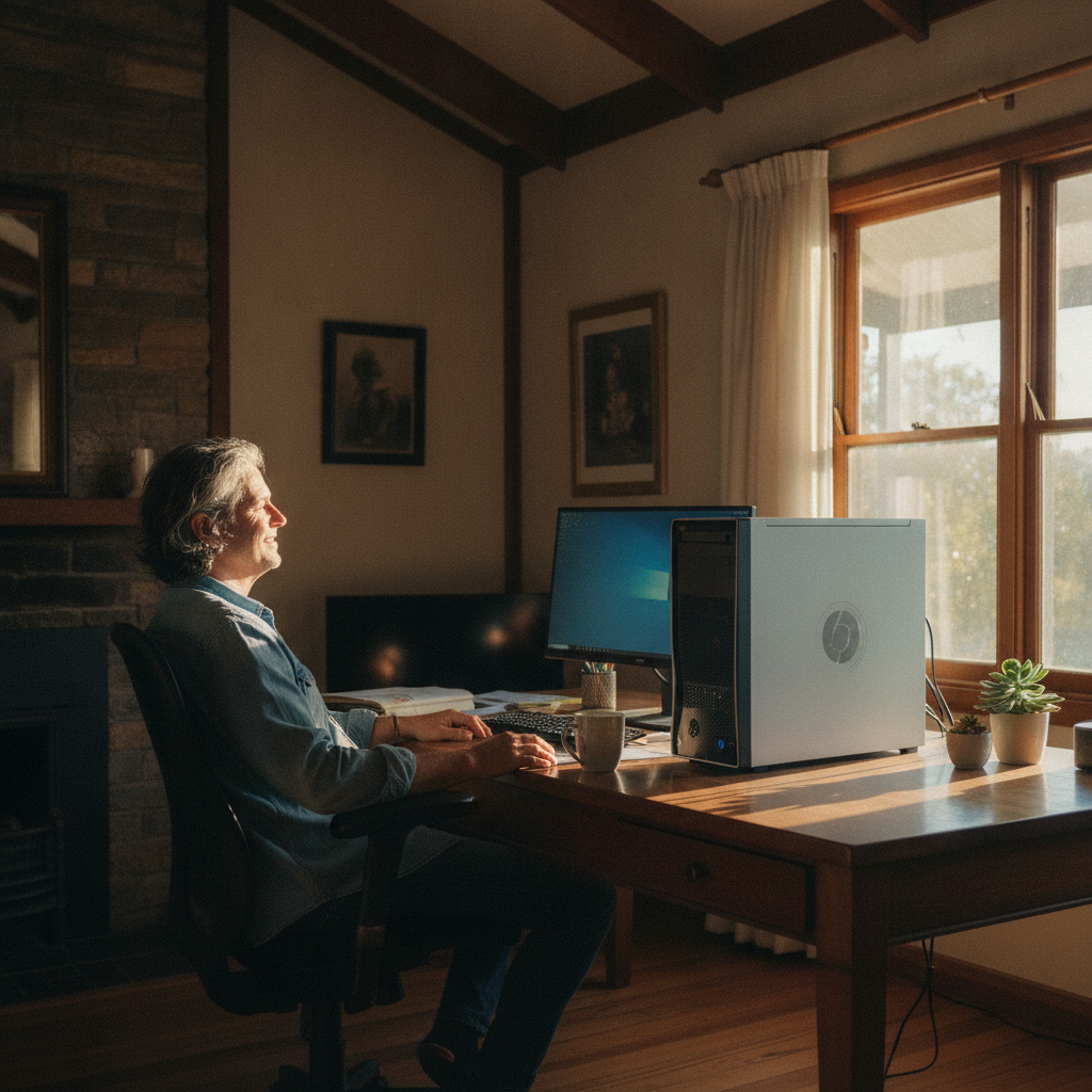 Professional computer clean-out in Newbold (2460) — a happy New South Wales resident at home with a spotless, fast, quiet machine